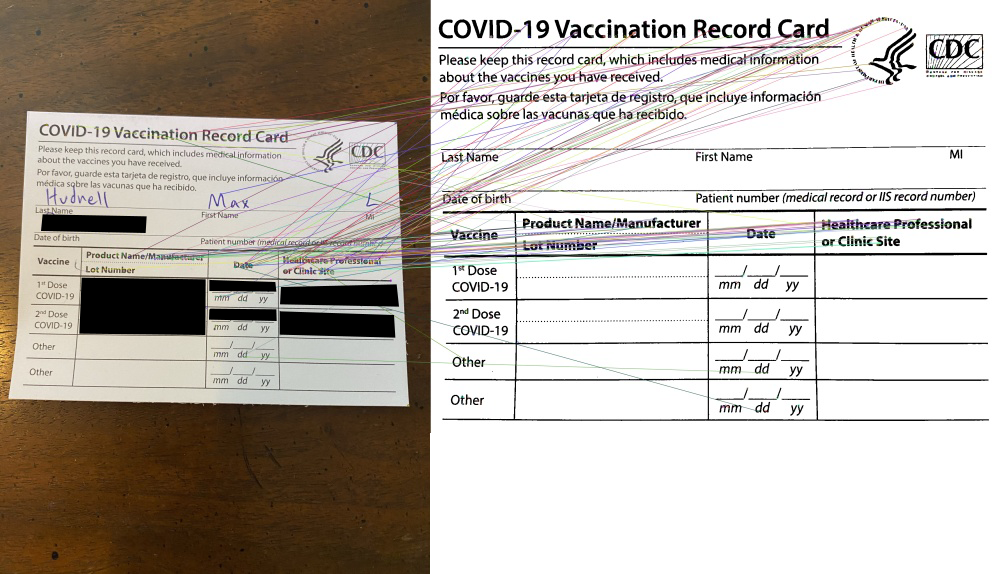 Visualization of the top 20% of the keypoint matches between input image (left) and template (right).